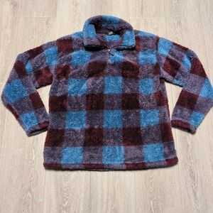 Eddie Bauer Teddy Sherpa 1/4 Zip Plaid Fleece Pullover‎ Womens L Plush Blue Red